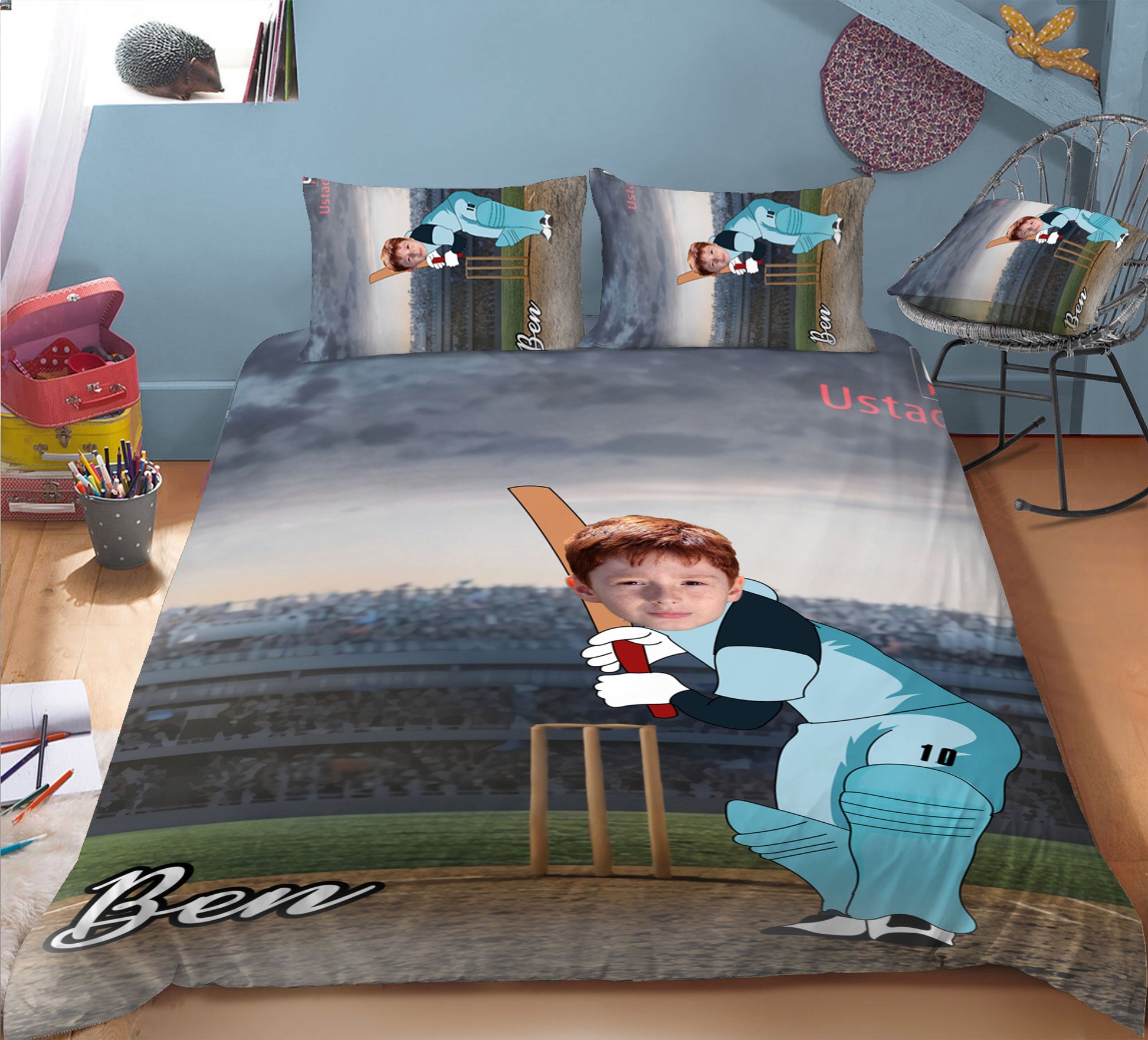 Boy Personalised Cricket Player 3-Piece Bedding Set - USTAD HOME