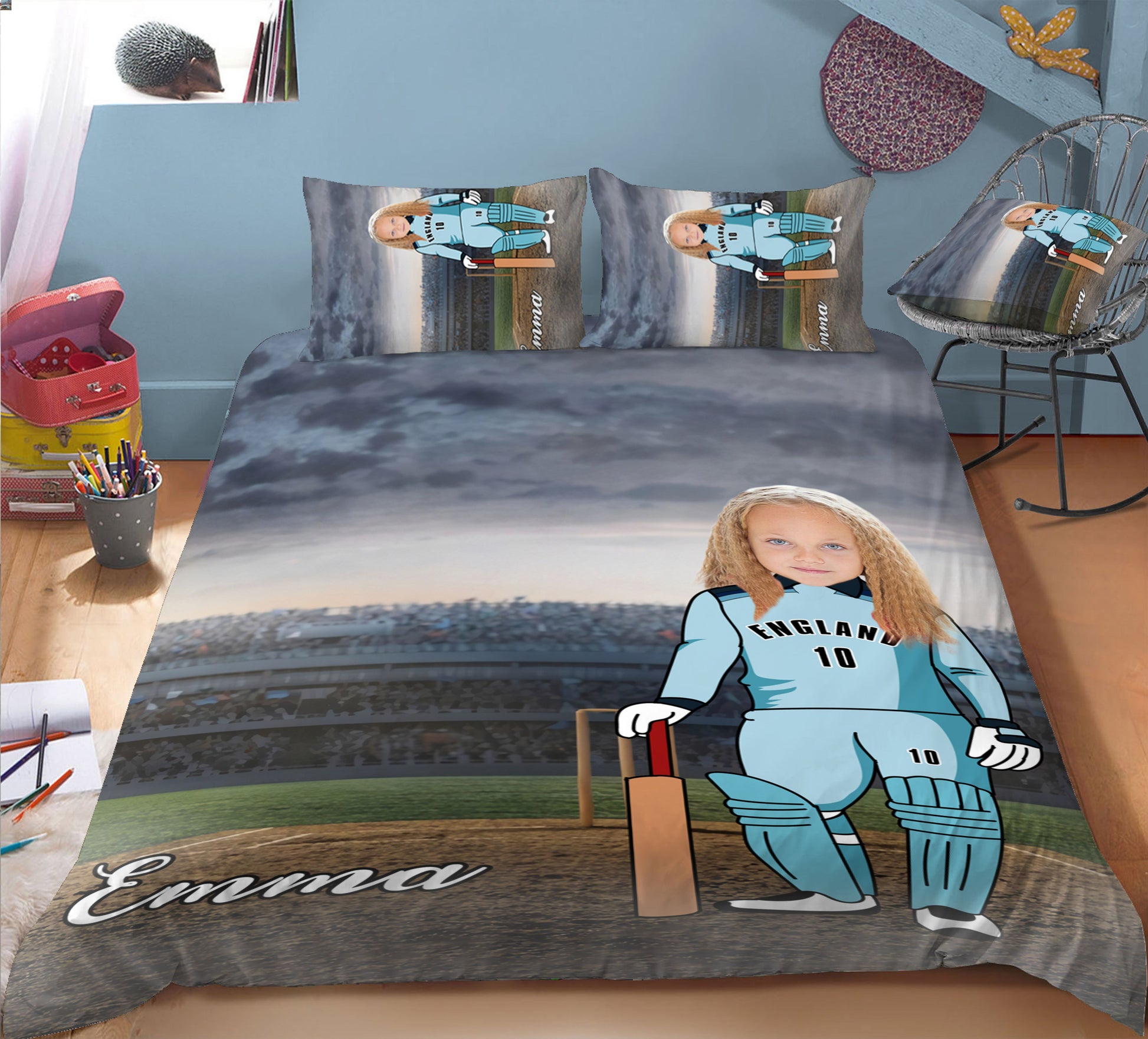 Girl Personalised Cricket Player 3-Piece Bedding Set - USTAD HOME