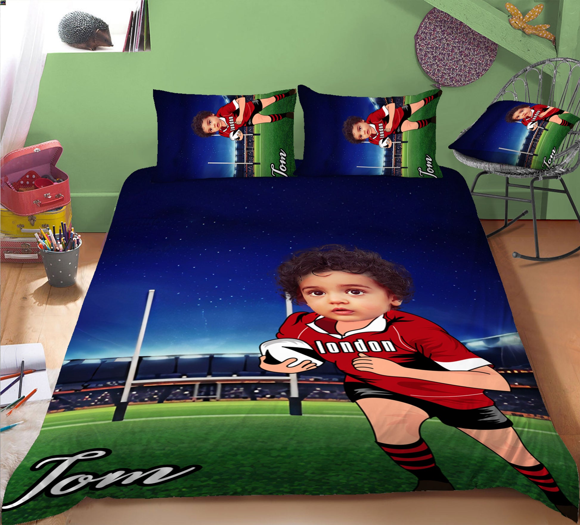 Boy Personalised Rugby Player 3-Piece Bedding Set - USTAD HOME