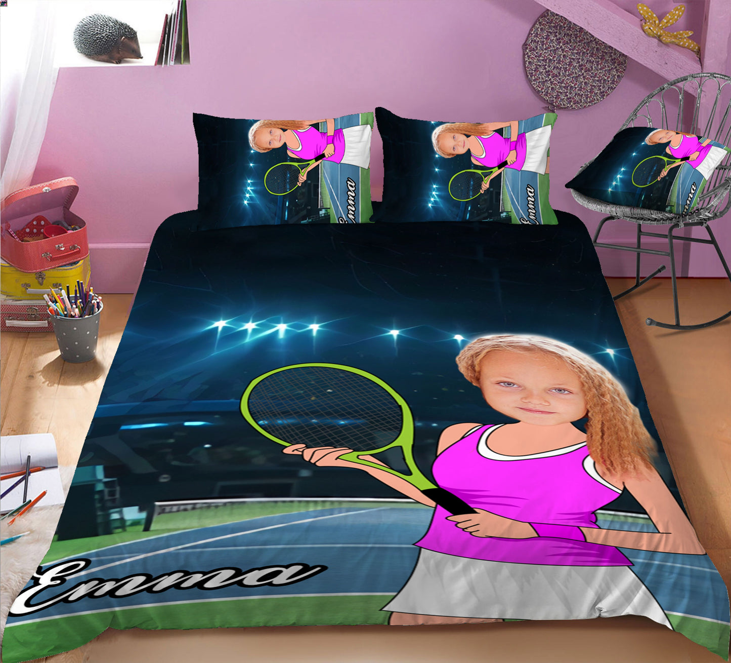 Girl Personalised Tennis Player 3-Piece Bedding Set - USTAD HOME