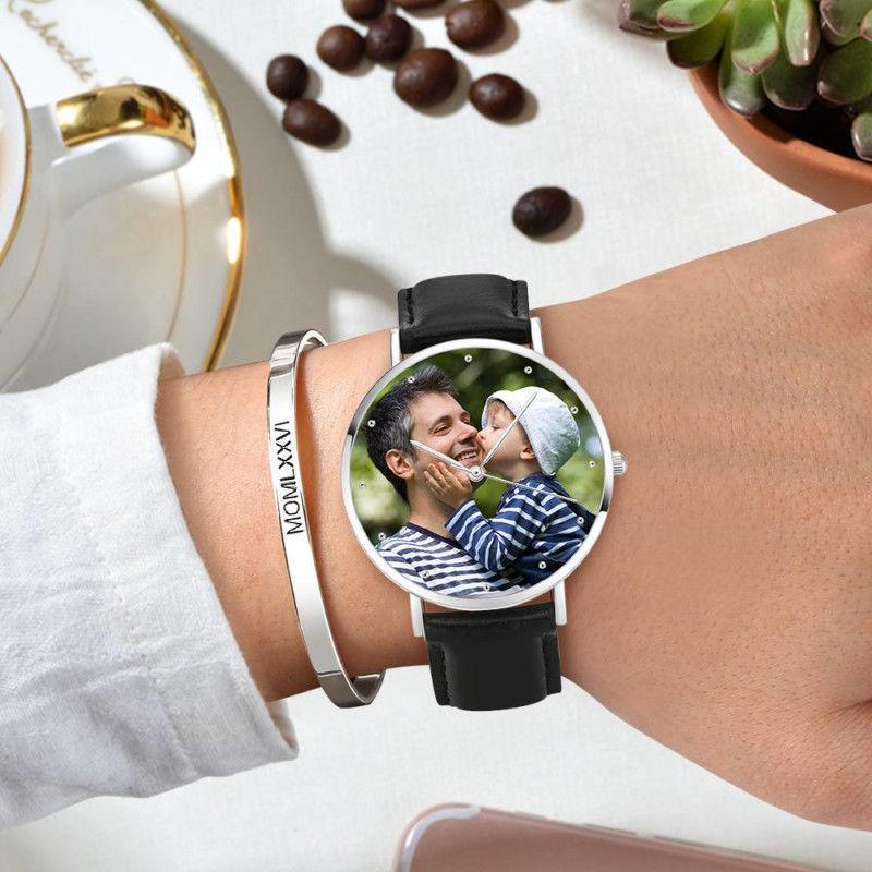 Engraved Black Leather Photo Watch - USTAD HOME